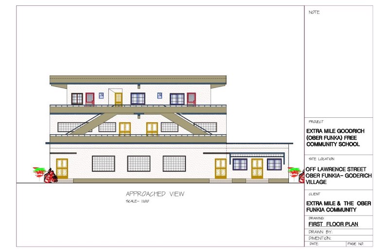 Architect's drawing showing Community Library on right and Volunteer Accommodation on second floor.