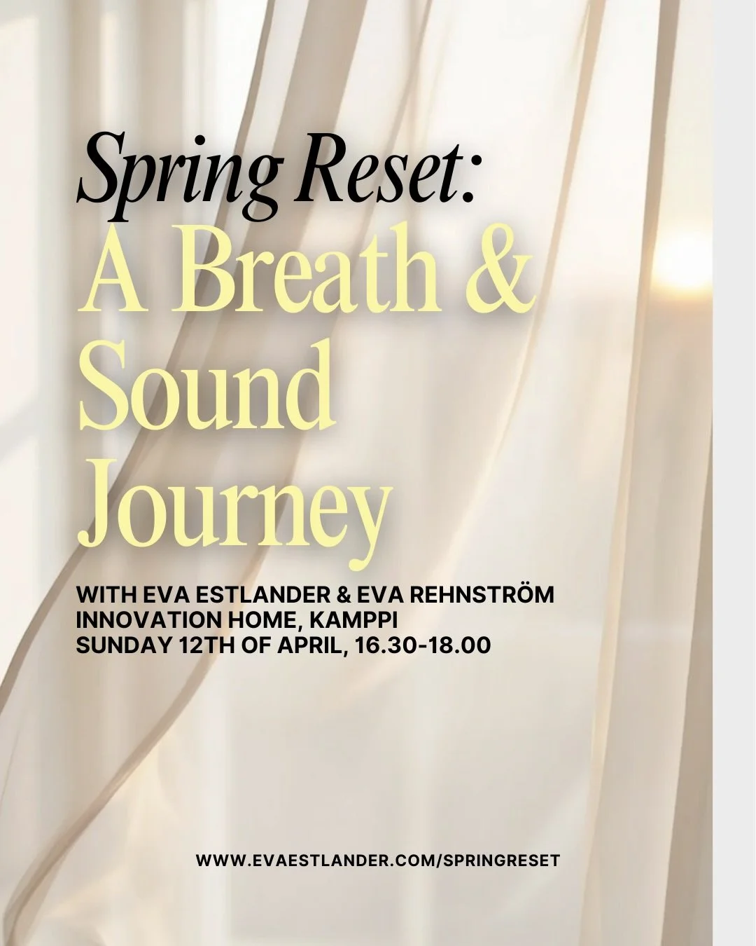 ✨🌬️🔔 EVENT ANNOUNCEMENT 📣

SPRING RESET: A Breath &amp; Sound Journey

📍 Innovation House Kamppi, Helsinki 📅 Sunday April 12th 🕰 16:30&ndash;18:00

An afternoon to recalibrate your nervous system and soften back into yourself.
We begin with gui
