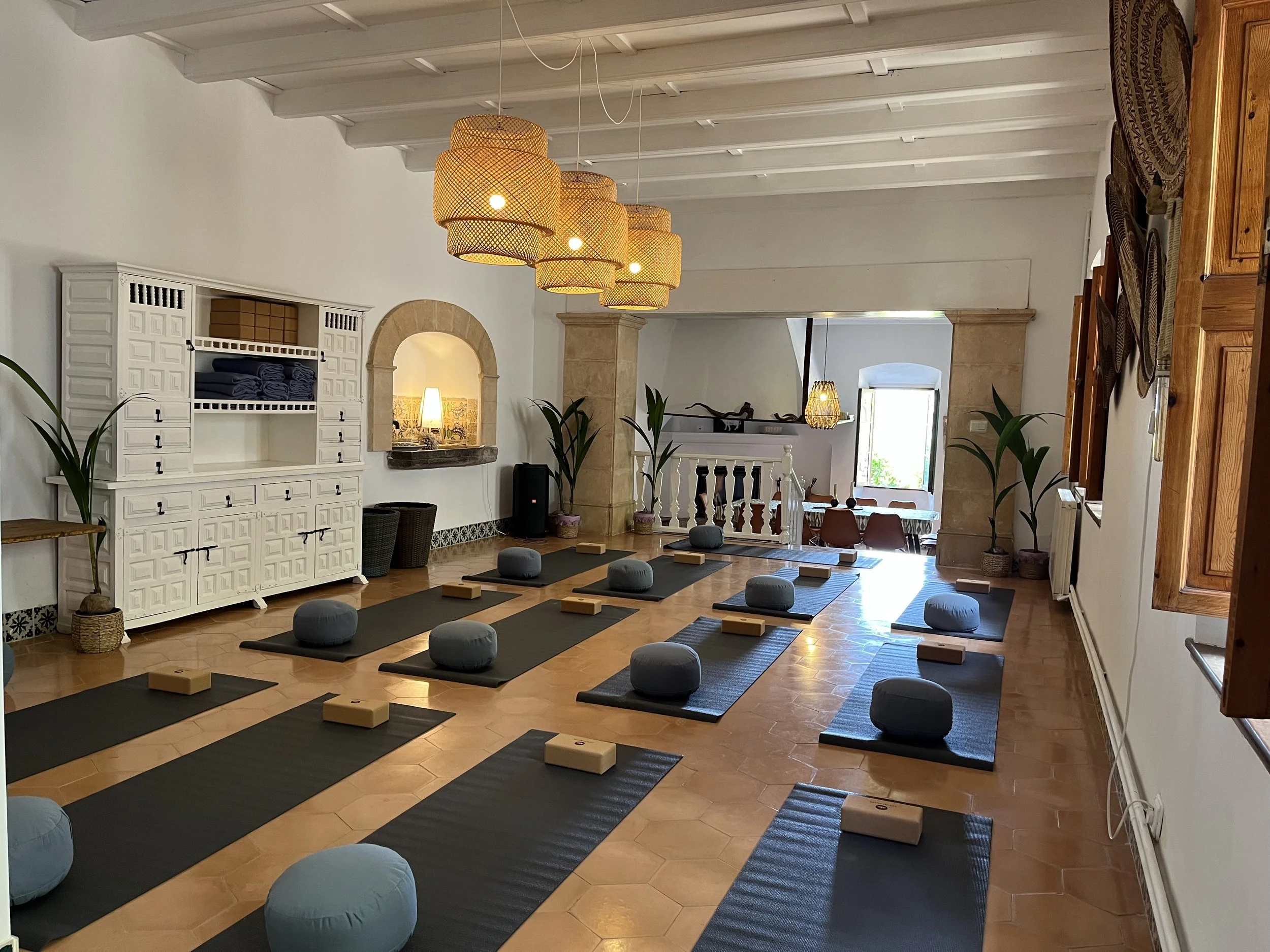 Yoga studio with black mats, bolsters, and wooden blocks, decorated with large potted plants and hanging woven lamps.