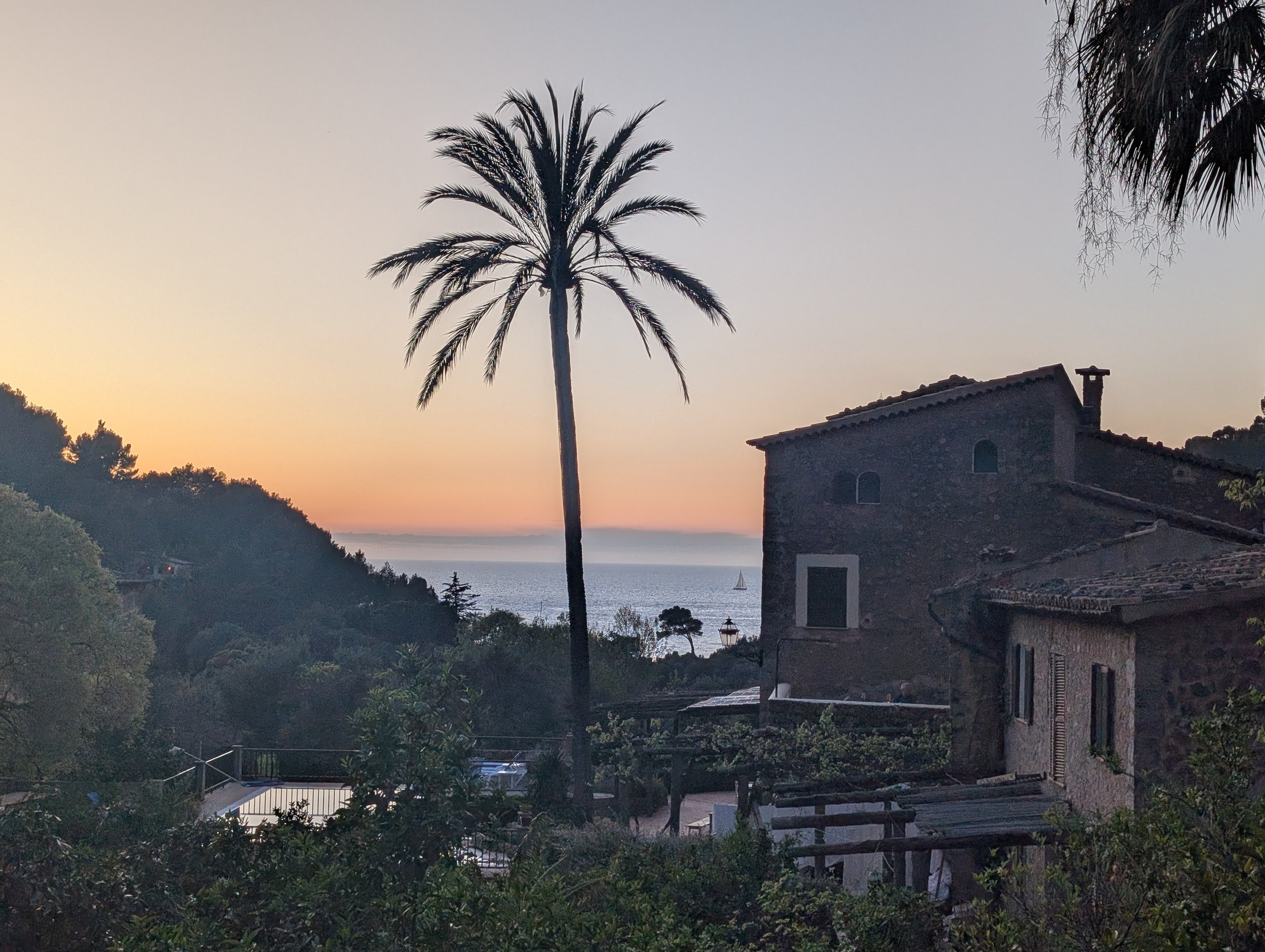 Coastal scene at sunset with a tall palm tree, stone house, and ocean view with sailboats