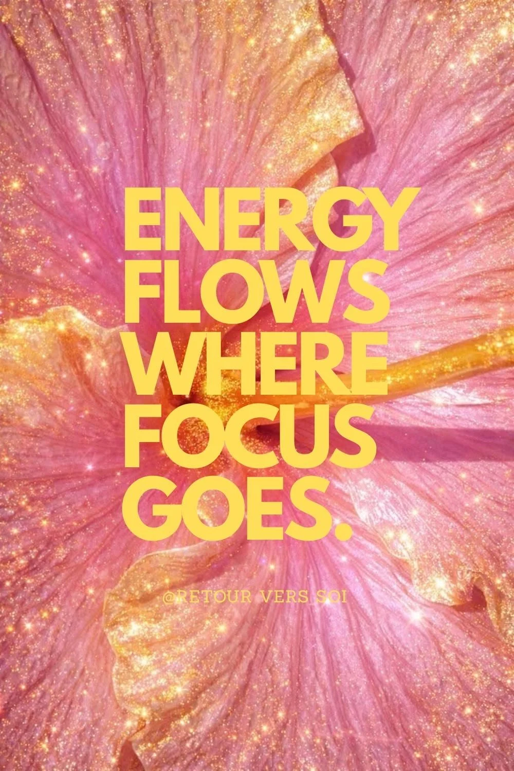 A vibrant pink and gold flower petal with sparkling highlights, overlaid with the quote 'Energy flows where focus goes' in bold yellow letters, accompanied by the small text '@retour vers soi' at the bottom.