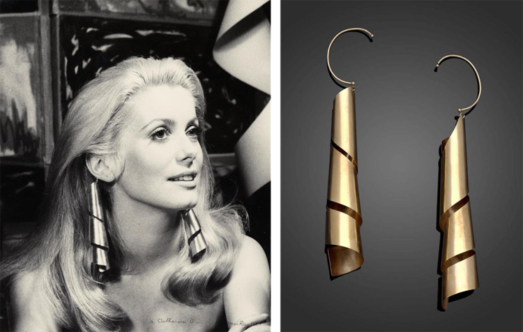 Catherine Deneuve wearing Lampshade earrings, 1966