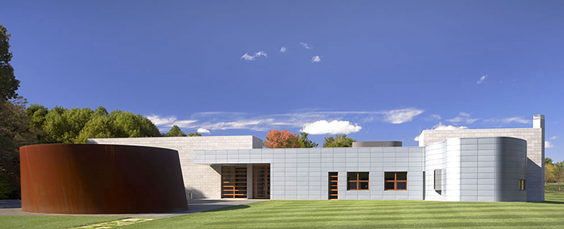 A view of the entrance to Glenstone with Richard Serra's Sylvester (2001) on the far left.