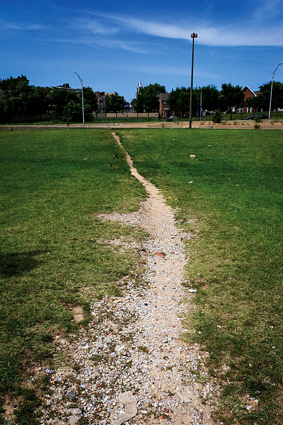 A "desire line" formed along the meridian of U.S. Route 40 in West Baltimore. 
