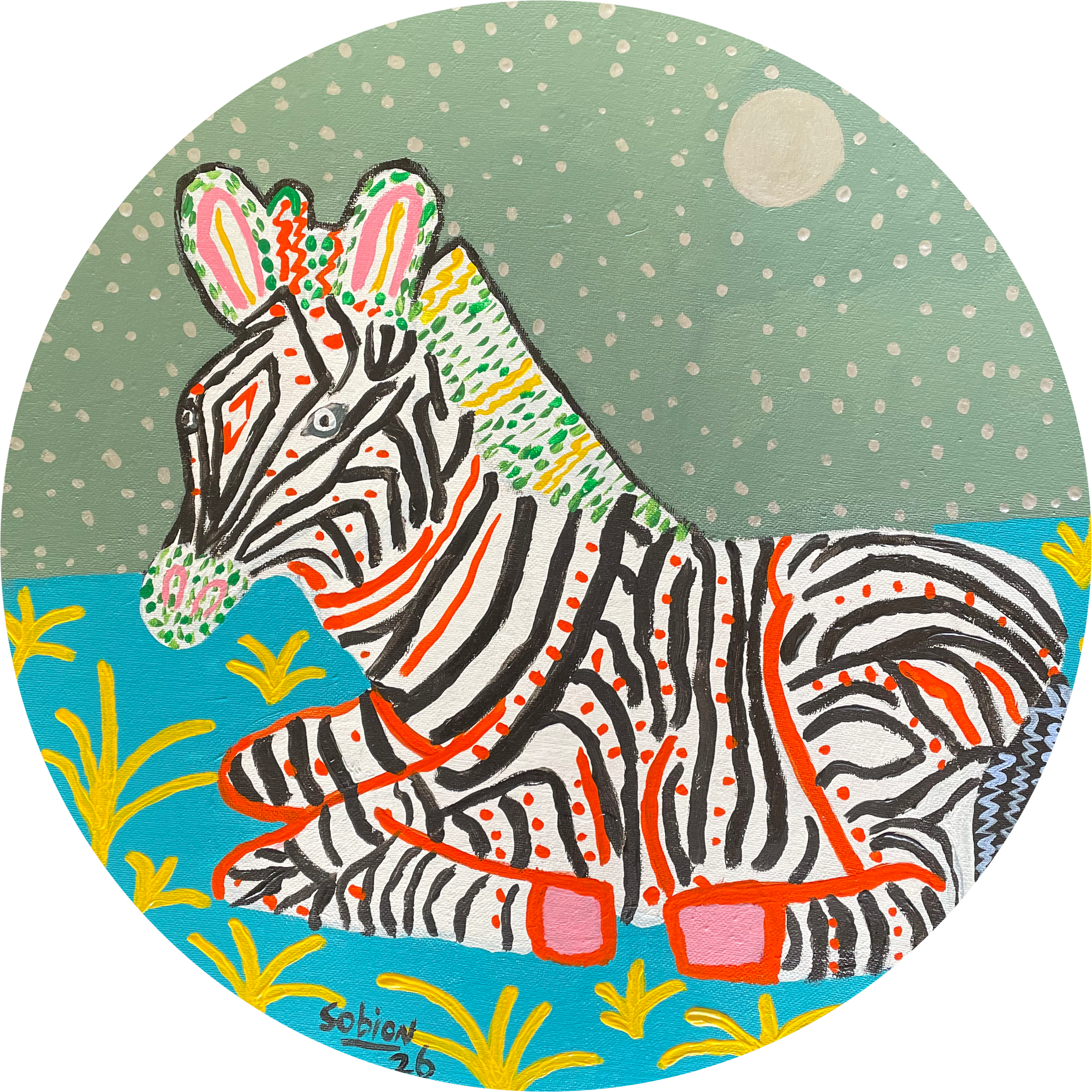 Mystical Zebra, 17 inches (circumference)   Acrylic on Canvas,   250 USD