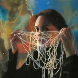 "String Theory" 12" x 12" Pastel over gouache on board.