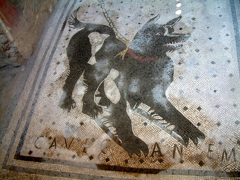 AN EARLY AND ELABORATE ‘BEWARE OF THE DOG’ SIGN. The Cave canem mosaic is found at 'the House of the Tragic Poet' from a 2nd century BC Roman house ruins in Pompeii