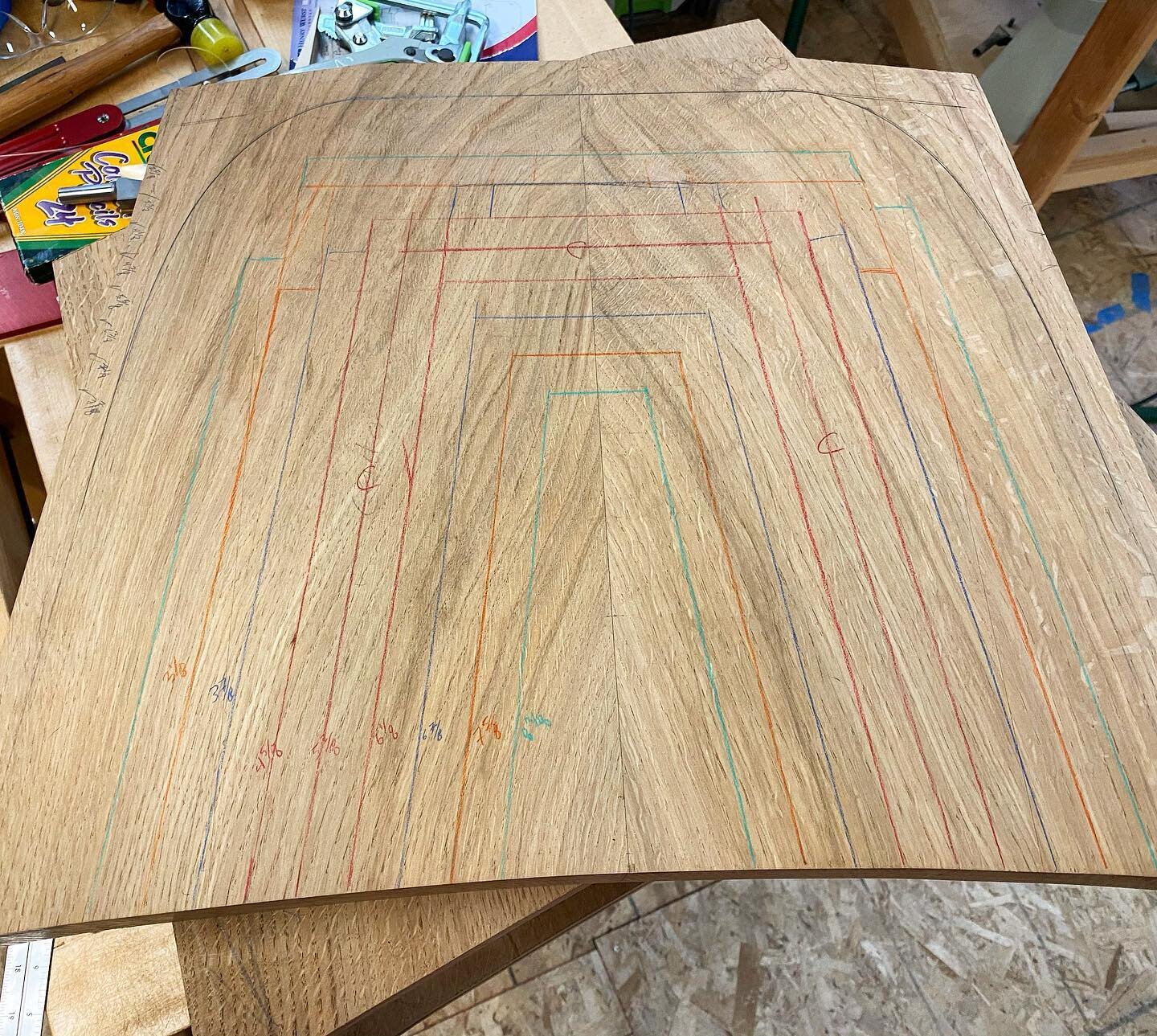 Method to my madness. After carving a couple of seats via different manners in the past, I&rsquo;m turning to my router to hog out as much of the waste as I can. Each line indicates the center of the bit I&rsquo;m using and the colors indicate the de