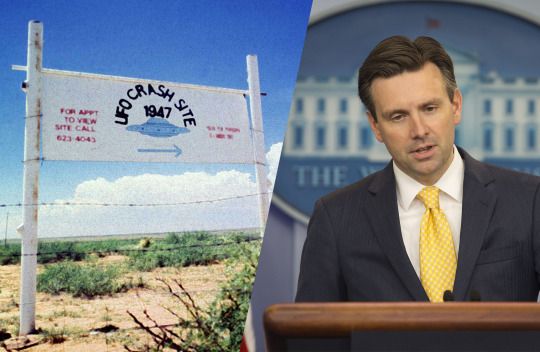 The alleged 1947 crash site of a flying saucer in Roswell, N.M.; and Josh Earnest addresses the media on Monday. (Photos: Reuters, Pablo Martinez Monsivais/AP)