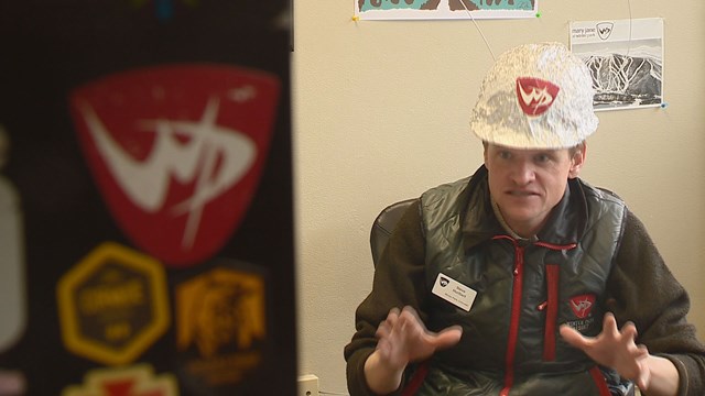 Winter Park Director of Public Relations Steve Hurlbert wearing a tinfoil hat. Image credit: Matt Renoux, KUSA