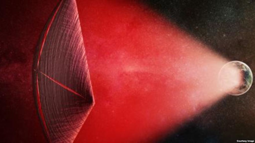 An artist's depiction of a solar-powered transmitter driving interstellar light sails. Image credit: M. Weiss/CfA