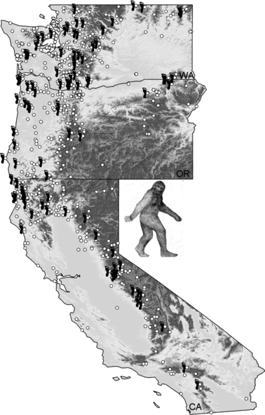 Map of Bigfoot encounters from Washington, Oregon and California used in the analyses. Points represent visual/auditory detection, and foot symbols represent coordinates where footprint data were available. Shading indicates topography, with lighter values representing lower elevations. Image and copy credit: J.D. Lozier