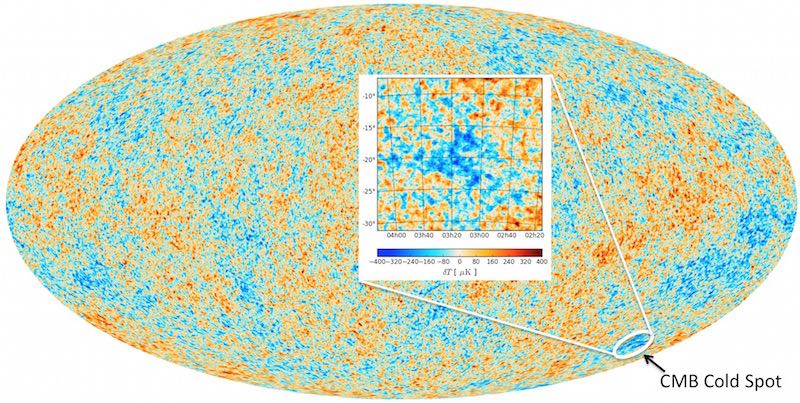 “The map of the CMB sky produced by the Planck satellite. The large area with anomalously low CMB temperature known as the CMB Cold Spot is highlighted in the inset,” Durham University. (Image credit: Durham University)