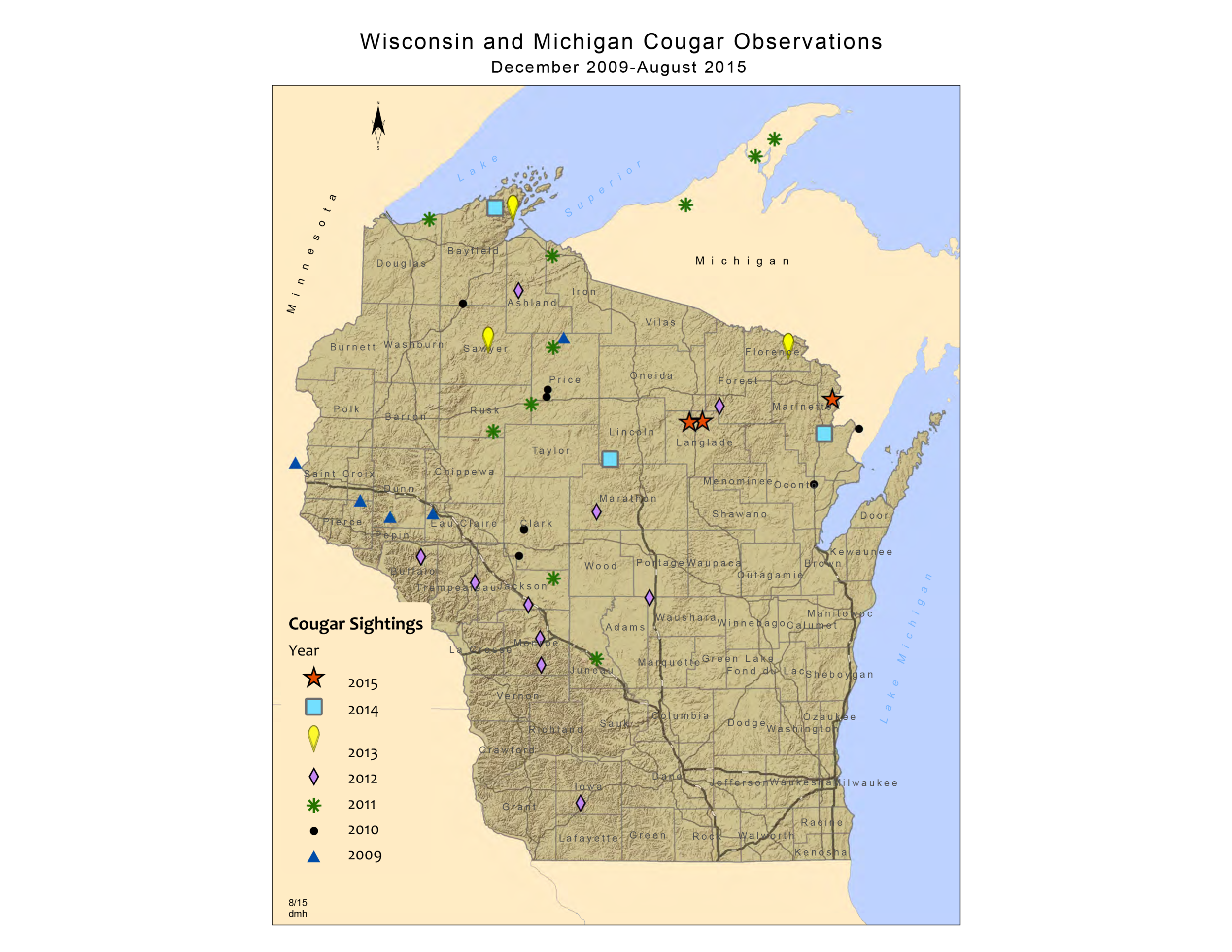  A map of mountain lion sightings in Wisconsin by date. (Image credit: dnr.wi.gov)