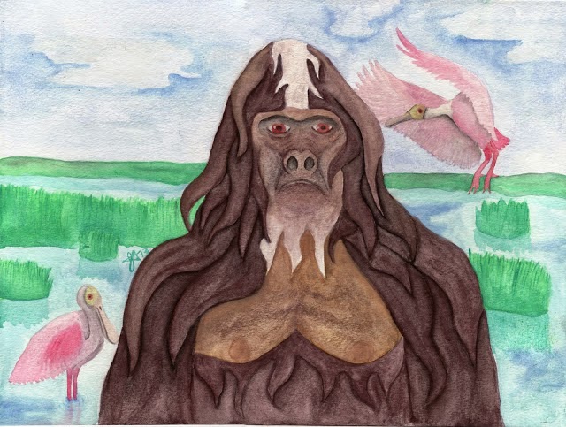 A painting of a skunk ape by Justin Arnold that the website Bigfoot Evidence published in an article about the Hillsborough River photo. The painting bears a strong resemblance to the creature in the photograph.