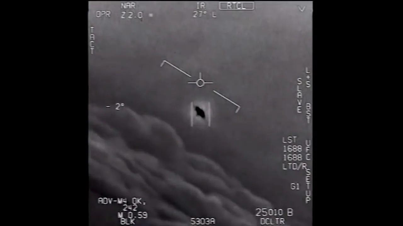 A still image from a Navy jet fighter's encounter with an unidentified aerial phenomenon.
