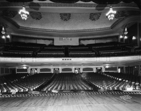 Interior of the Orpheum Theatre from the stage, view of the auditorium with balcony. Credit: The Wisconsin Historical Society