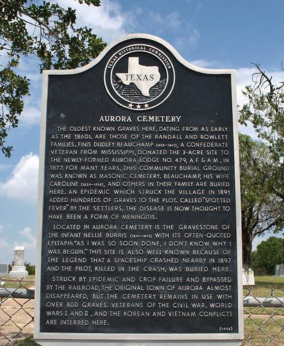 The historical marker outside Aurora Cemetery references the legend of the crashed spaceship.