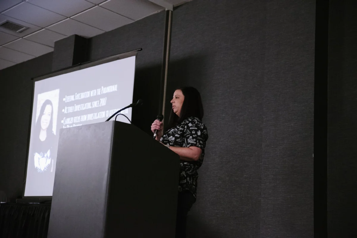 Jennifer Jones of The Dead History talking about the historical investigation of haunted sites. Her talk focused on the use of dedicated research utilizing historic documents to discern the truth behind many myths and urban legends.