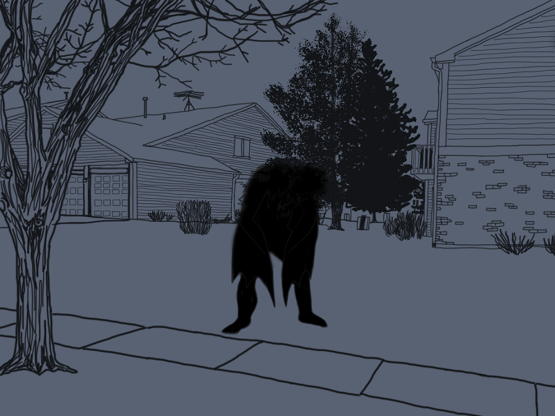 An artist’s interpretation of Paula’s sighting of a hulking, hunched-over, winged being. (Image credit: Emily Wayland / The Singular Fortean Society)