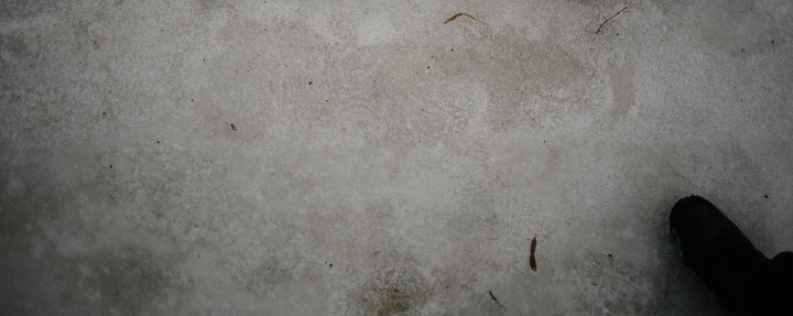 A track found on the Dufield Pond driveway. It was elongated, and appeared to have articulated toes. There were many boot prints in this area, and it is difficult to tell if this is a mundane print misshapen by the melting of ice and snow. Investigator Tobias Wayland’s size 12 boot is in the lower right of the photograph for scale. (Emily Wayland / Singular Fortean Society)