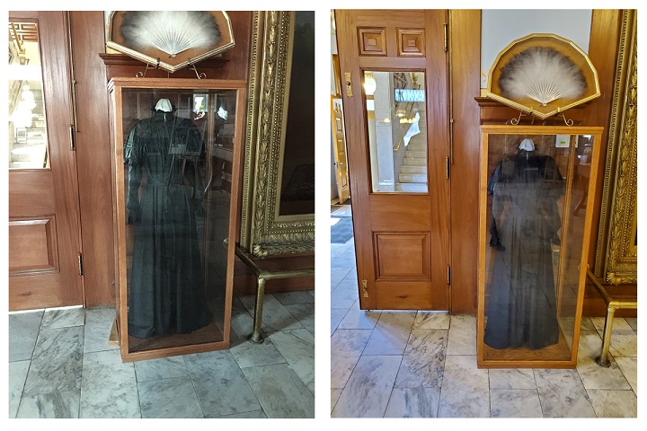 The ghostly woman on the stairs (left) next to a photograph taken with my Samsung Galaxy 10+ (right).