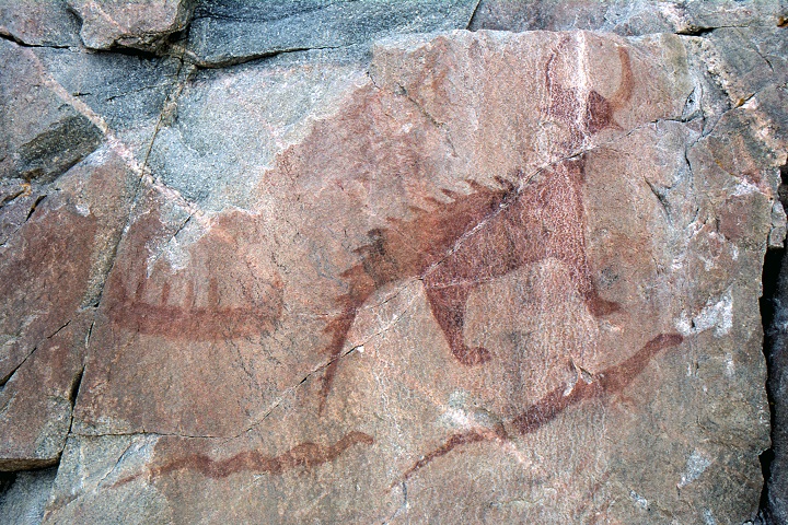 This pictograph of Mishipeshu from Agawa Rock in Ontario strongly resembles Shepard’s Hodag. (Wikimedia)