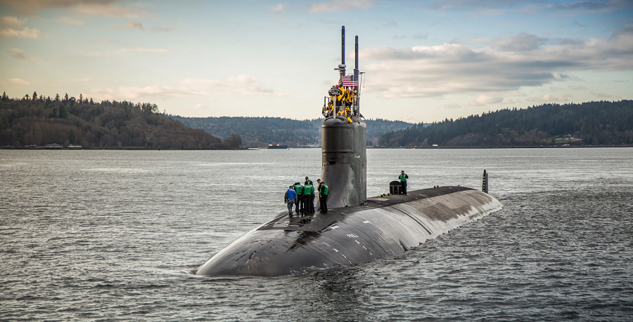 The Seawolf-class fast-attack submarine USS Connecticut (SSN 22) departs Puget Sound Naval Shipyard for sea trials in 2016. (U.S. Navy photo by Thiep Van Nguyen II)