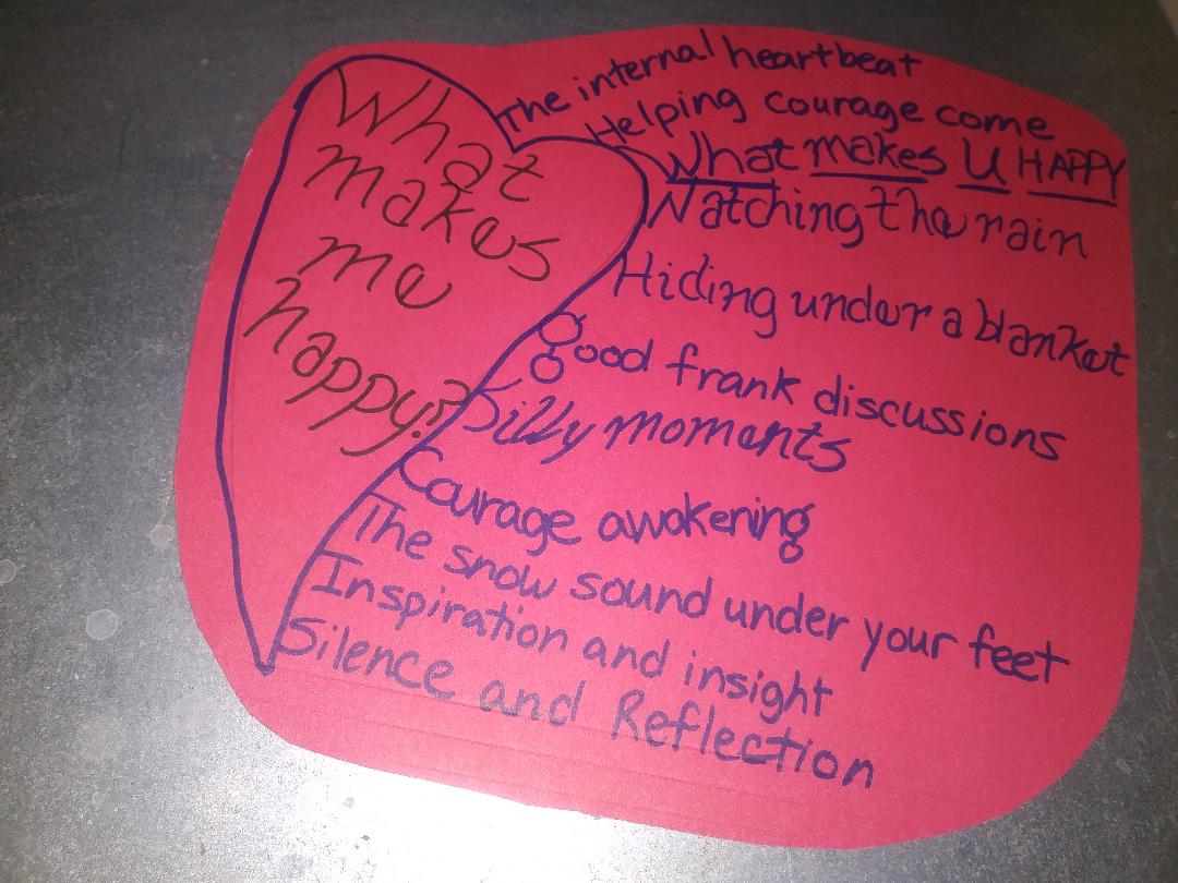 The heart was imperfect by the child who drawn it. I saw the imperfection and used it for the backdrop for the simple question, What Makes You Happy?