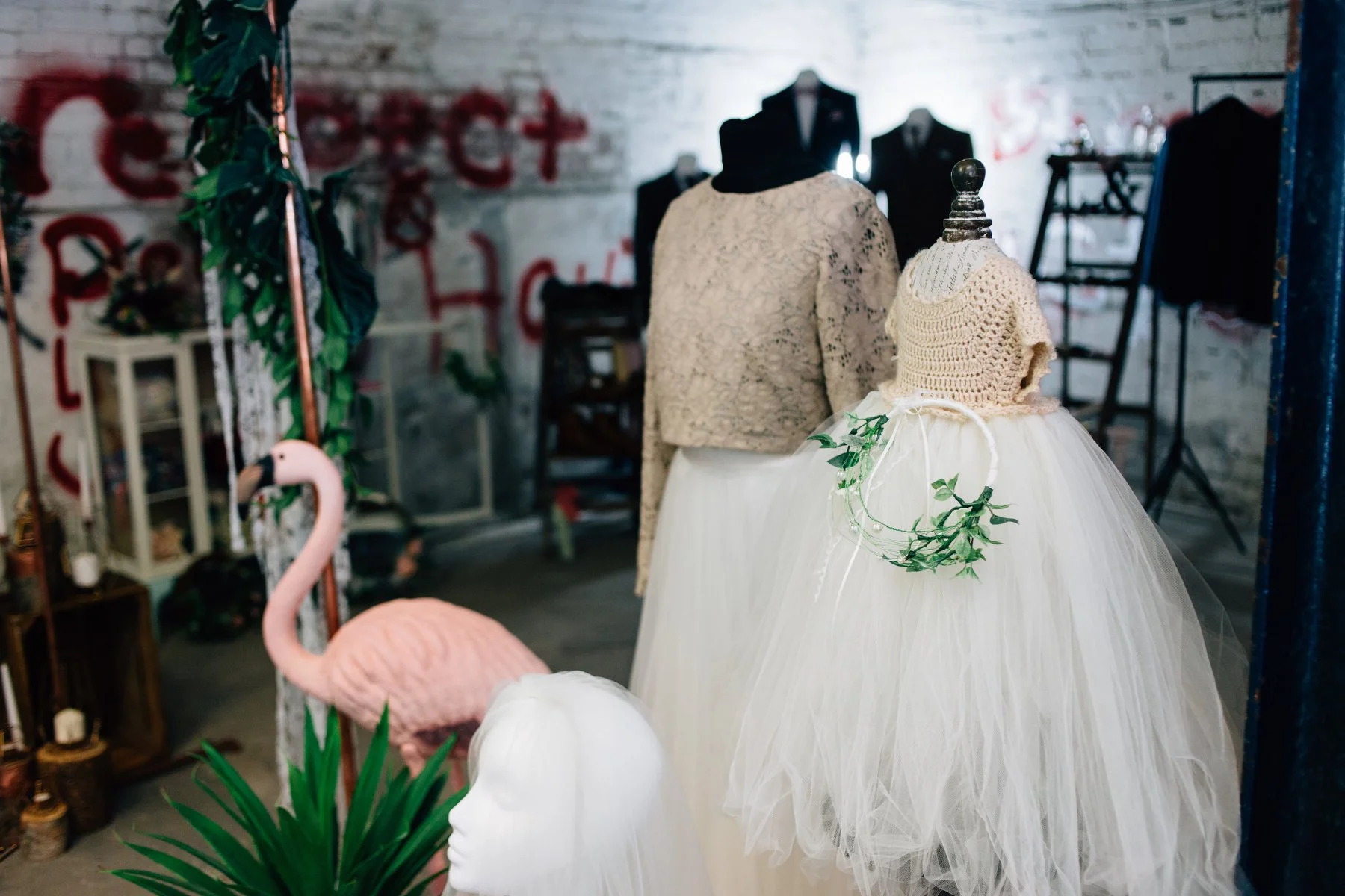 MOCHA LONG SLEEVED LACE TOP WITH TULLE IVORY FLOOR LENGTH SKIRT AND FLOWER GIRL DRESS.
