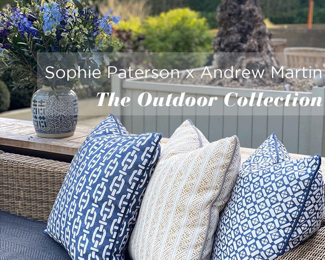 Sophie Paterson and Andrew Martin have once again collaborated,  this time on her first range of outdoor cushions. Sophie selected four favourite prints to be re-imagined in fresh and light colourways: Celadon, Ochre, Navy, and Storm. Each cushion is