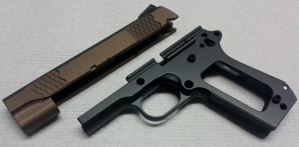 Recent project: S&W Model 1911 Slide and Frame paint job using Cerakote's matte "Burnt Bronze" & "Graphite Black"