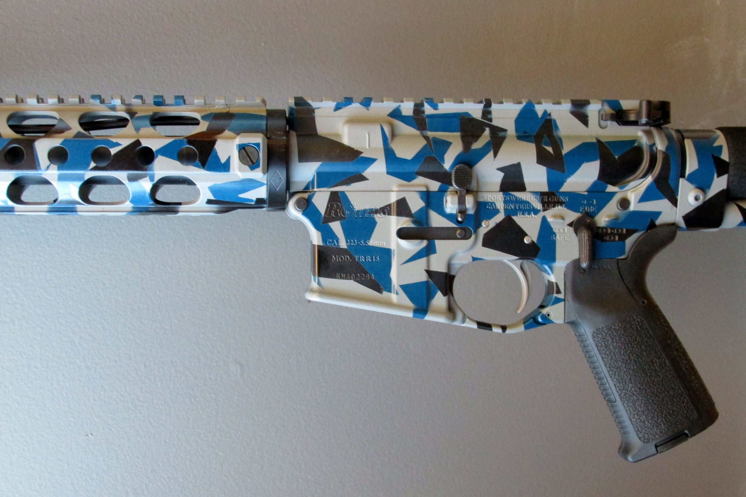 Recent project recreating Swedish M90 using Cerakote's "Matte (darkened) Sky Blue", "Gun Smith Grey" and Graphite Black" on an AR-15.