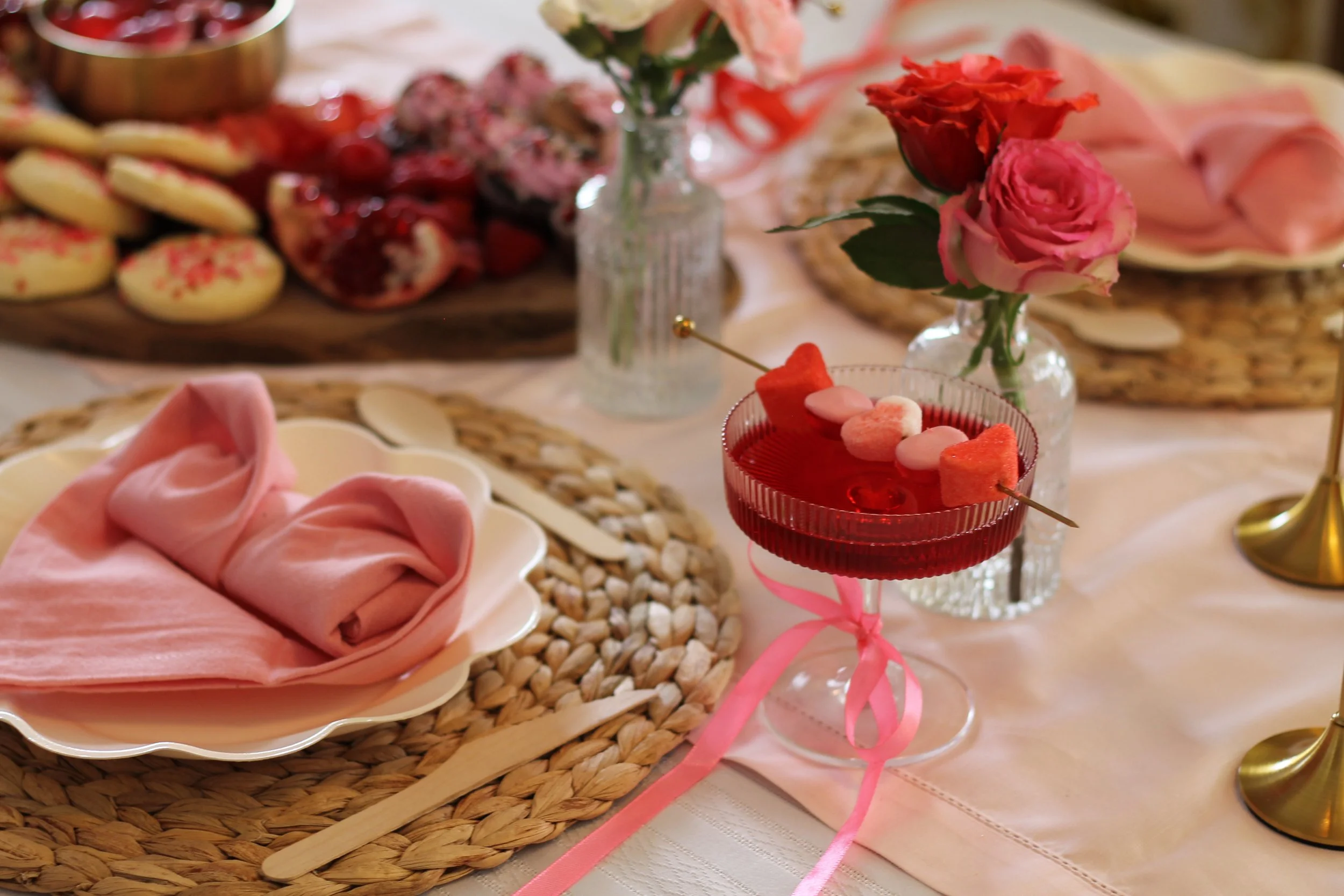 Cocktail on table set with our Girls Night In rental box