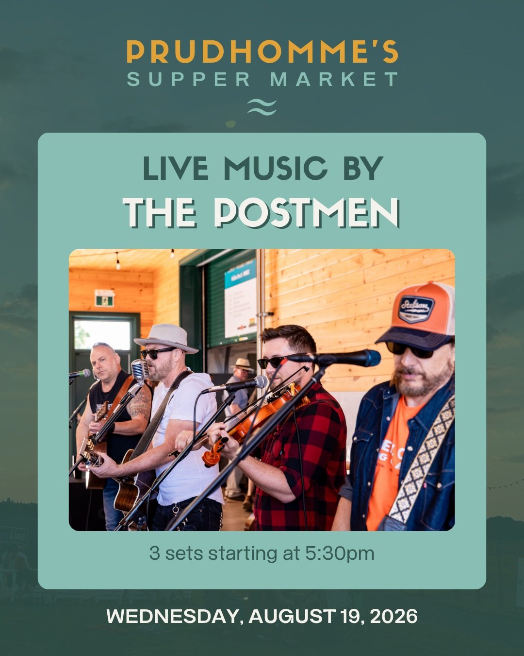 Come out to Prudhomme's Supper Market tomorrow for 3 sets of live music by @thepostmen_band! 🎶

🗓️ Wednesday, August 19, 2026
⏰ 5:00PM - sunset
📍 3329 North Service Road, Lincoln ON

This is a family-friendly event. Free parking available on-site.