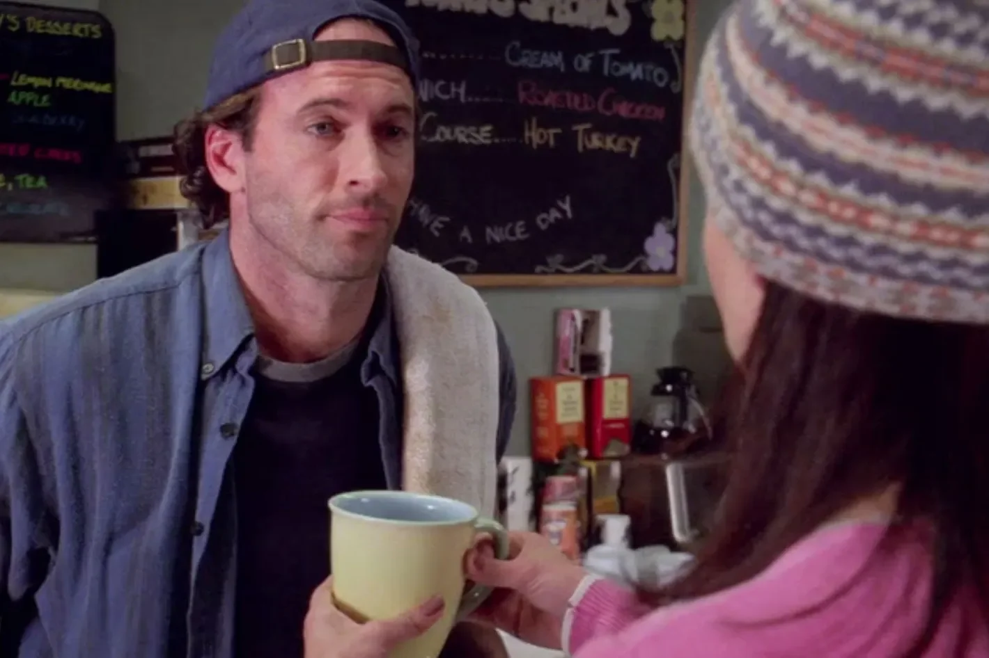 Lorelai asking Luke for a cup of coffee at the diner