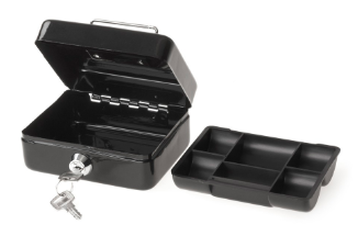 Black cash box unlocked and open with interior tray sitting next to it