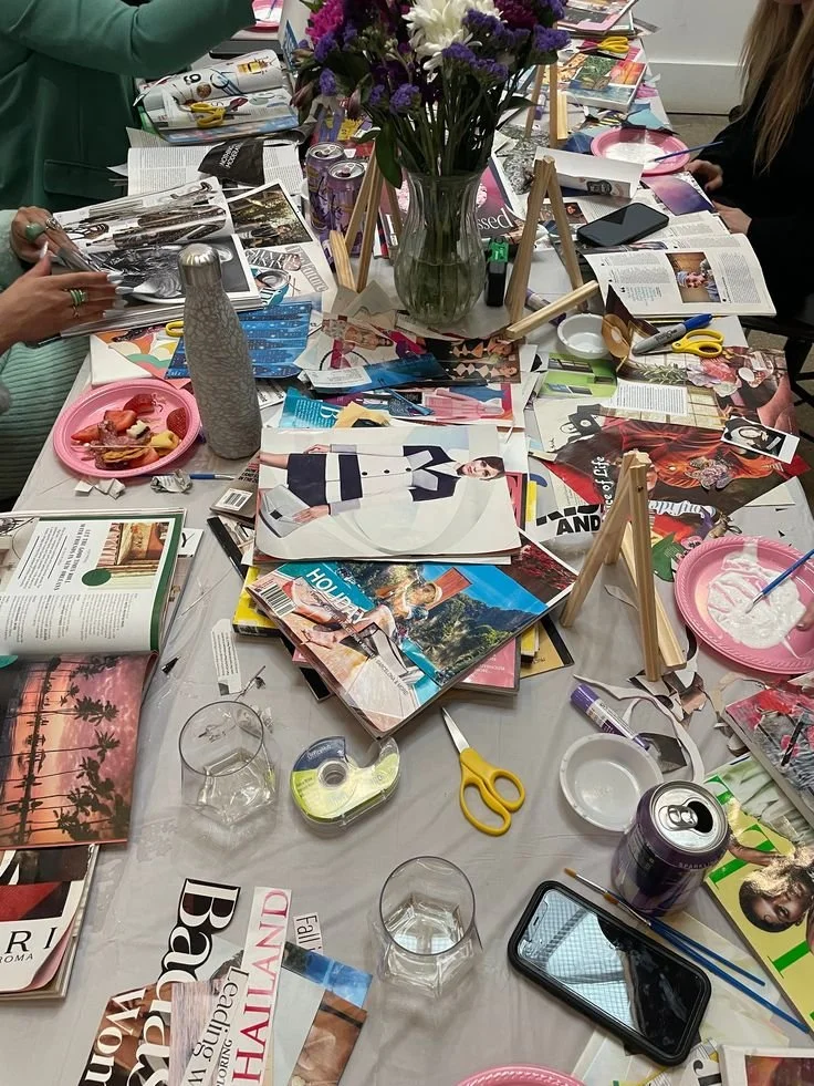 Table covered in magazines for a collage night