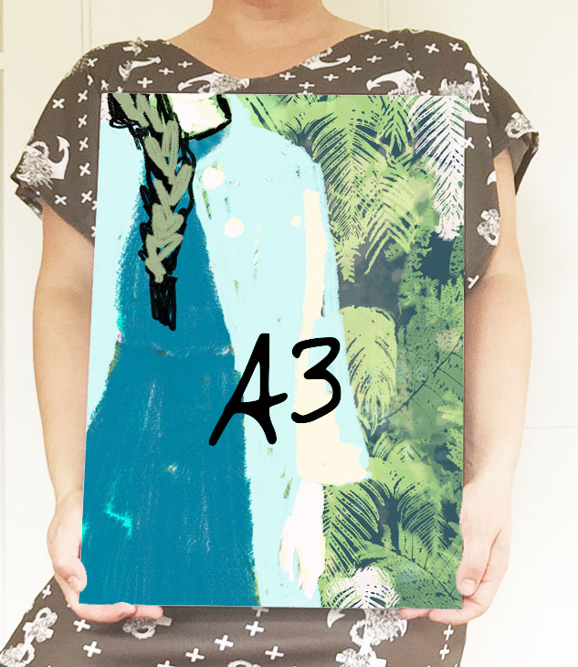 Here's me just showing how big an A3 art print is with my favourite 'Cape with NZ Ferns' fashion illustration.