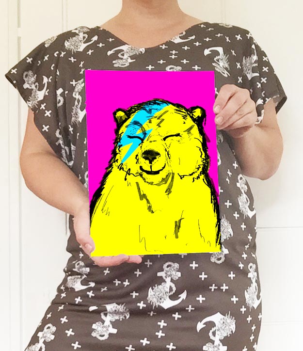 And here's the A4 size with my cheeky funny cutey-patootie laughing Bowie Bear art print. Naw. I've saved this as a template so that I can now drag and drop new prints of this size into this template. I love how it also shows my Anchors design on my dress so it has a real and genuine 'me' element which I hope to inject more of into my store over the next wee while. 