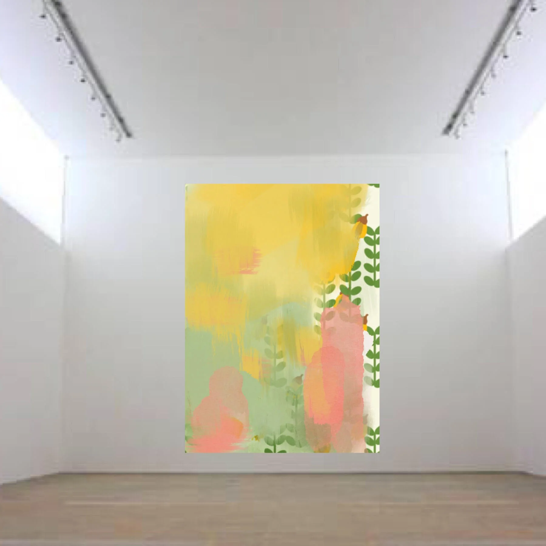 I can imagine my work in large scale before committing to getting the wooden frame made, the canvas stretched and buying all the right paints so that I can be sure of my ideas before investing in the 'big make'. This is a sneak peek of a current work in progress using my retro Kowhai textile as a foundation print/ground on the canvas. 