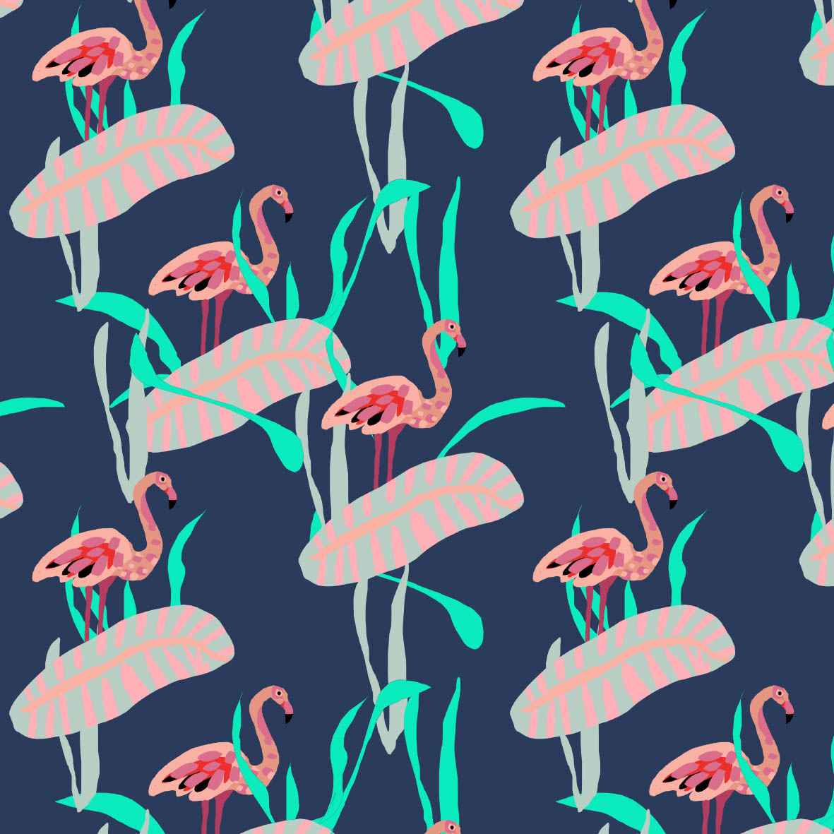Flamingos as if cut from paper. This would sew up amazingly as a dress!
