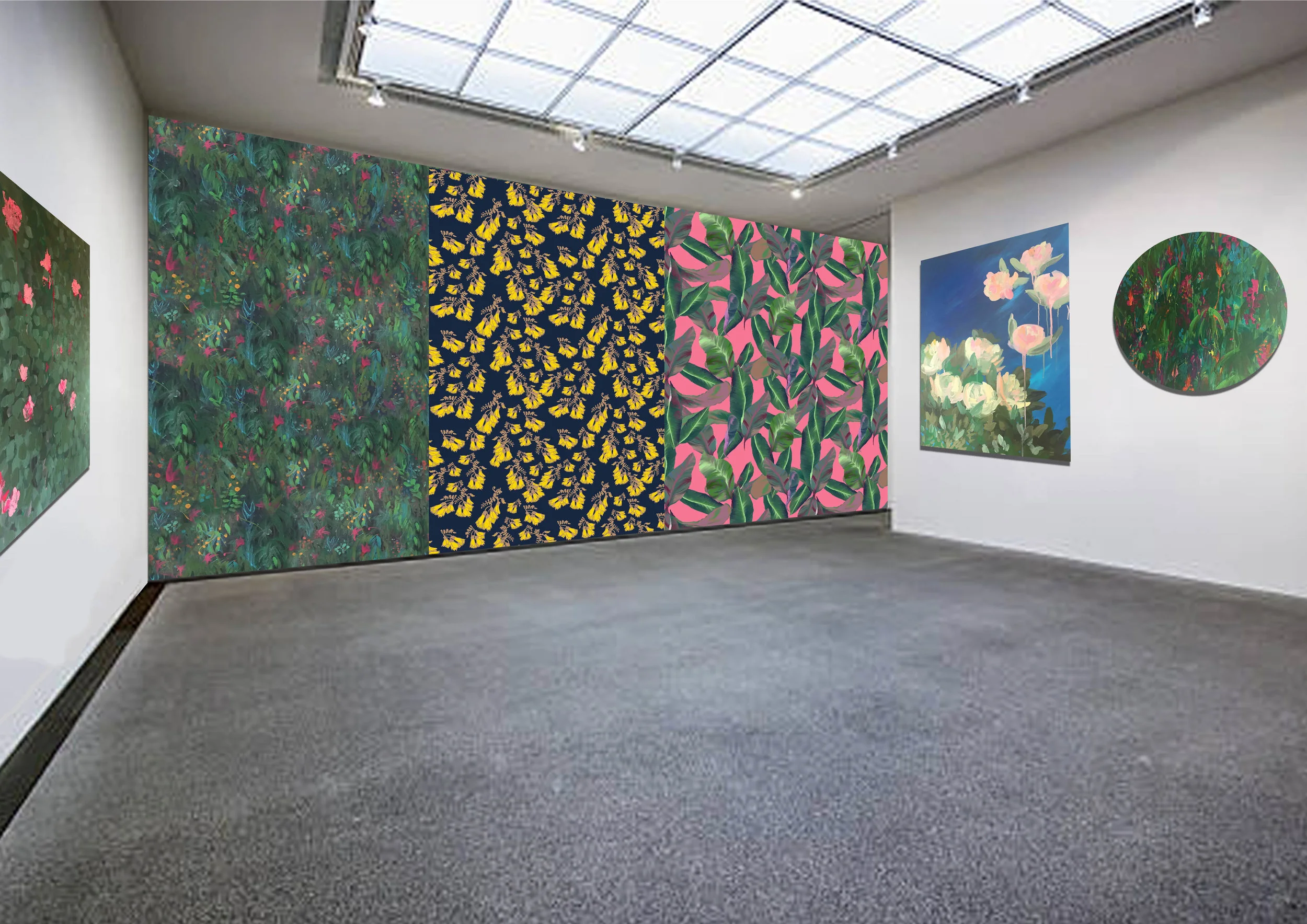 On this hall-wall I have hung three of my current favourite wallpapers. The 'After Anawhata' one is adapted from the (now sold) Anawhata painting and the Kowhai one also is a dominant feature in 'If you were a Kowhai' (my picture book that geekily teaches about computational thinking, love, metaphor and abstraction), the Plants on Pink one is just a nice lively way to lead you through to the other space. Everyone loves plants on pink right? Then 'Departure' on the right which is actually behind glass now in a lovely frame and 'Tropical rainforest' to finish (the circle one). I've really enjoyed painting on MDF circles this year so I had to include one to represent the gang. Then another Camellias one on the opposite wall. You can never have enough camellias right? Although I'm currently more obsessed with rhododendrons but they might have to wait for a 2018 show. 
