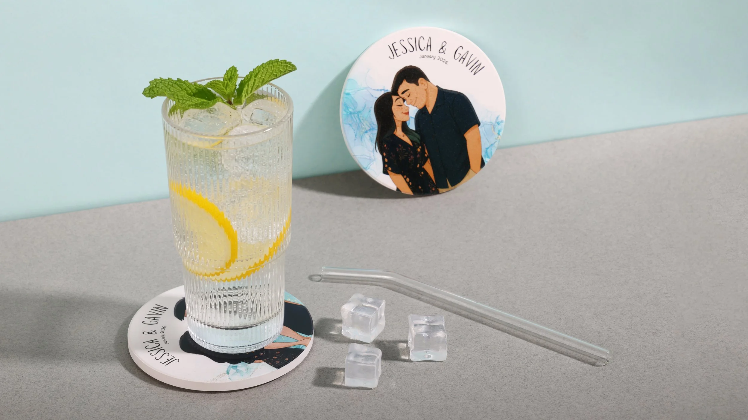 Custom printed wedding coaster with illustrated couple portrait, names and date, used as a wedding door gift in Singapore