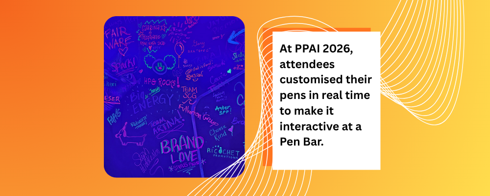 Interactive pen bar activation at PPAI 2026 showing live merch personalisation as a corporate gifting trend