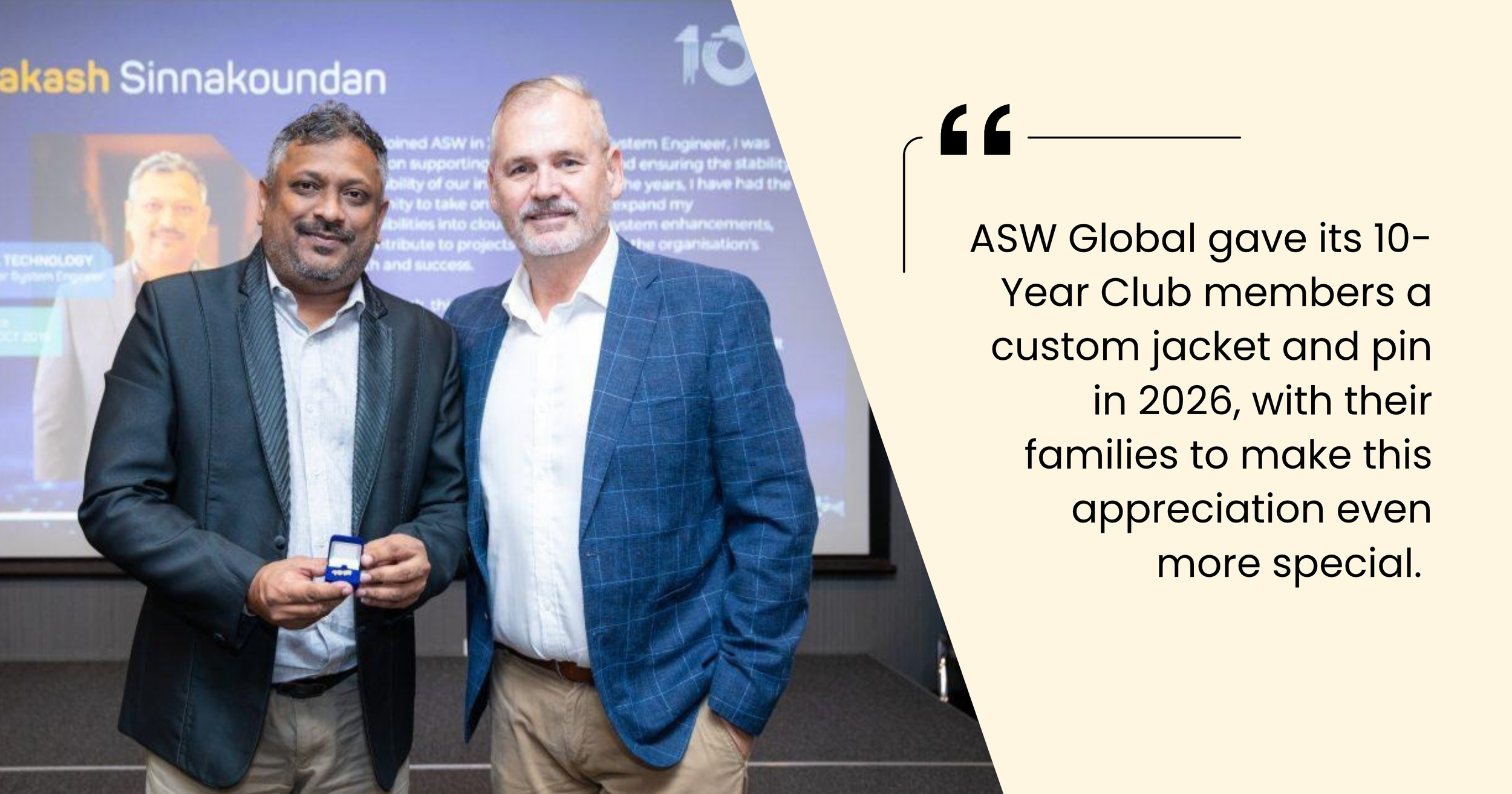 ASW Global 10-Year Club jacket and pin given as a work anniversary gift