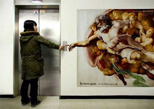 Plastic Surgeon promoting his services through Michelangelo's painting as a stategically placed elevator sticker. Image Credits: https://in.pinterest.com/pin/358599189061485015/
