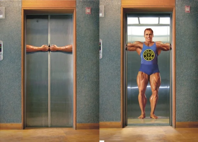 Gold Gym’s ad showing how strong members can turn out. Image Credits: https://brightside.me/creativity-design/15-creative-elevator-ads-that-can-lift-your-mood-455510/