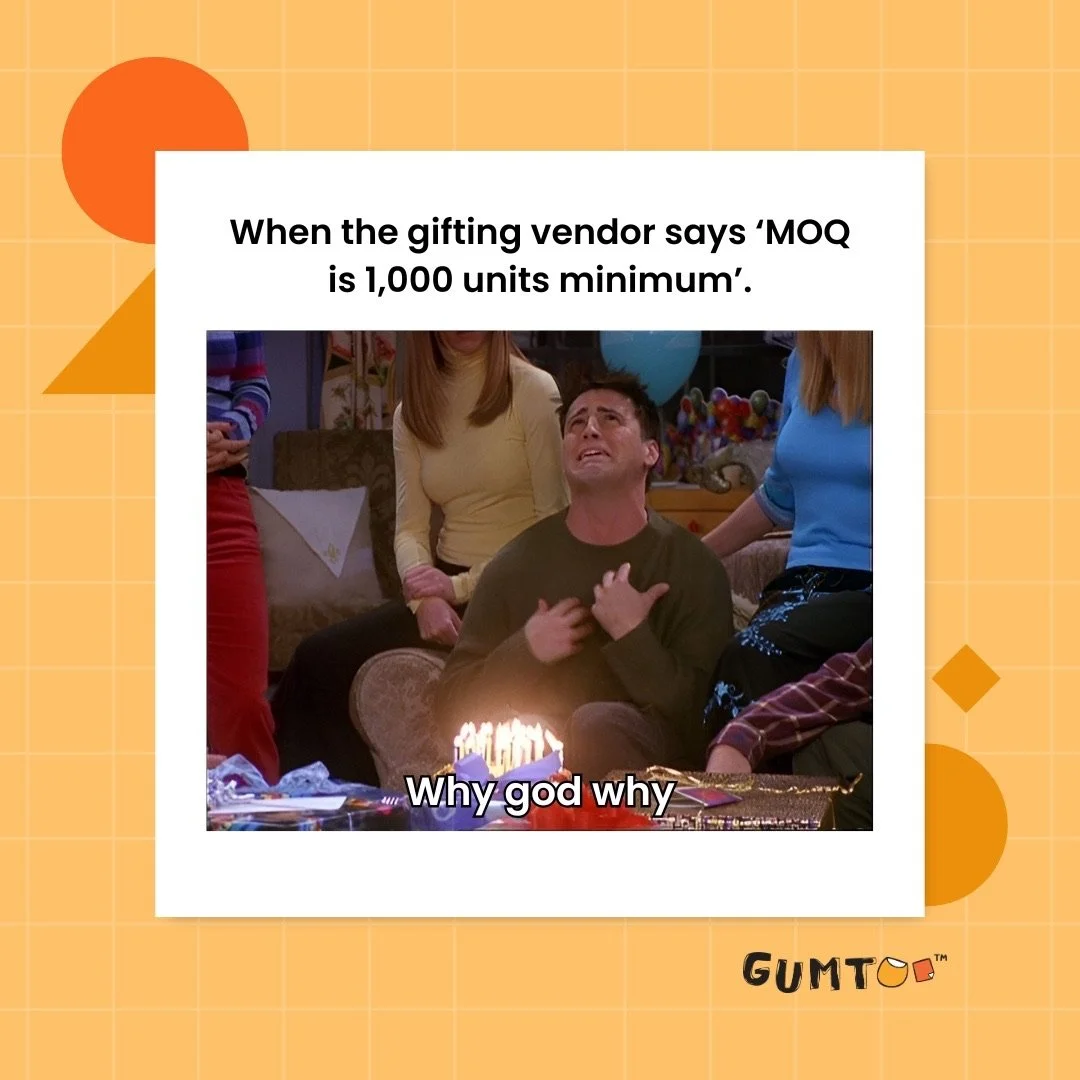 When your team needs 200 units and the vendor hits you with the 1,000 MOQ special 😭 

#corporategifting #brandmanagers #merchmadness #b2bmarketing #moqproblems #relatablememe