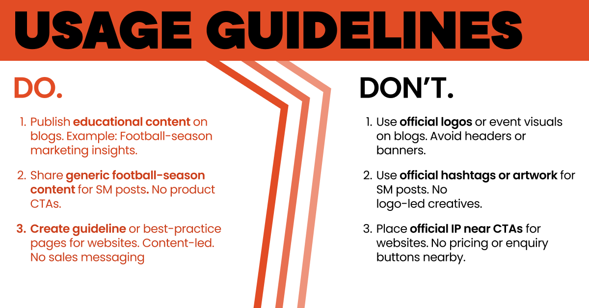 Do and don’t guide outlining safe educational football content and prohibited use of official logos near CTAs on blogs and websites.